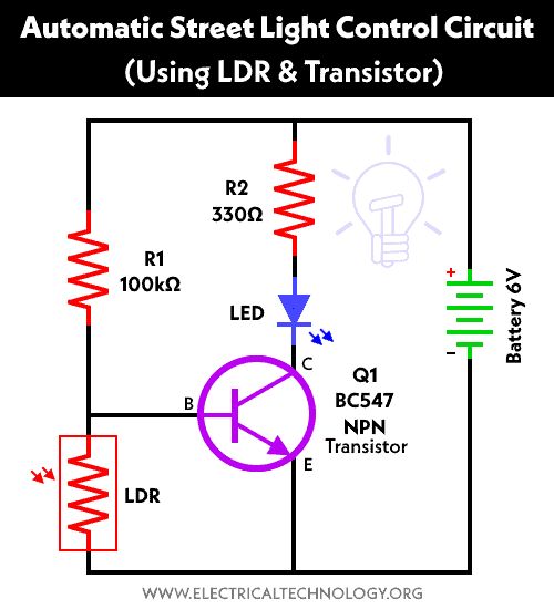 Automatic Street Light Control Circuit using LDR & Transistor