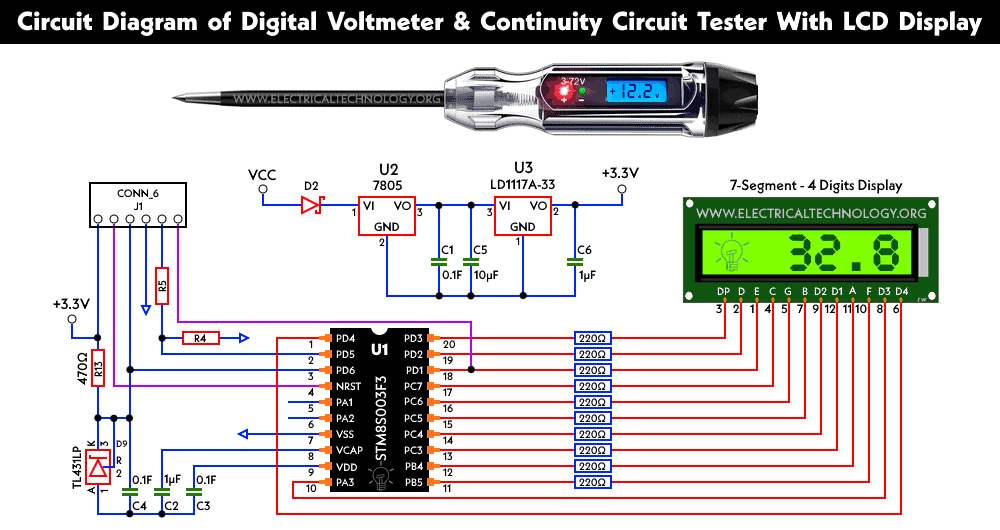 Circuit Diagram of Digital Voltmeter & Continuity Circuit Tester With LCD Display